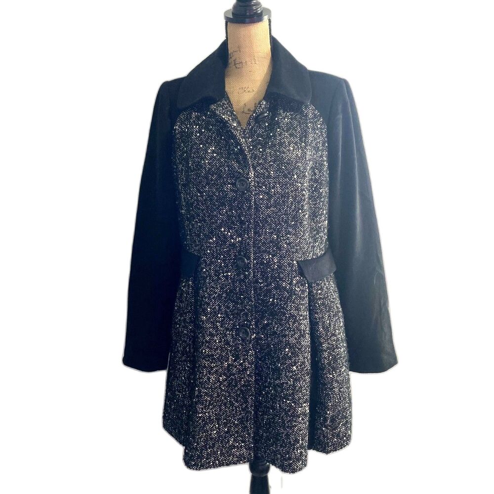 The Limited Black White Tweed Wool Blend Fit Flare Button Front Coat Large